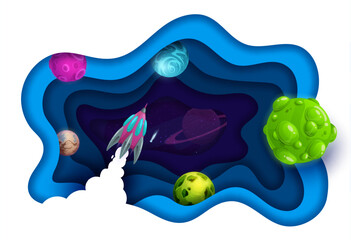 Wall Mural - space paper cut, rocket launch and galaxy planets