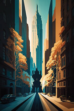 New Your City Streets Buildings Poster, Empty Town With Tall Skyscrapers Business Towers,  With Cars And Pedestrians Cartoon. Digital Illustration Created With Generative AI.