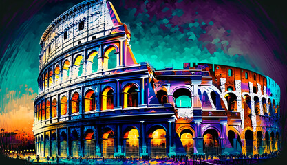 Wall Mural - Abstract painting concept. Colorful art of a the colosseum in Rome by night. Mediterranean culture. Generative AI.