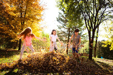Three Young Friends Playing Outdoors In Fall Leaves