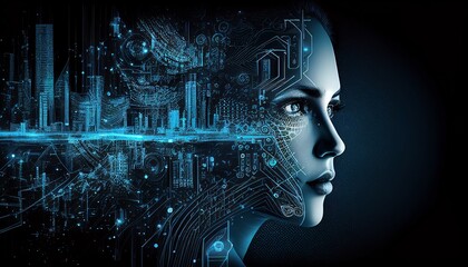 Artificial Intelligence Conscience - Existential Threat from AGI - AI Takeover Concept with Digital Face on Tech Background, Generative AI