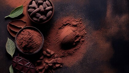 composition with cocoa powder and chocolate on a stone background, top view, with space for copy. ge