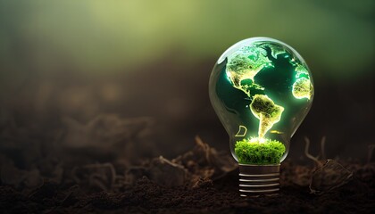 The green world map is on a light bulb that stands on black soil. Renewable Energy.Environmental protection, renewable, sustainable energy sources. Generative AI