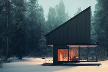 Illustration Of Modern Minimalistic Cabin House In The Forest. Generative AI