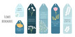 Set of 6 bookmarks in blue colors, decorative plants and latin quotes. Botanical illustration. Minimalistic bookmark templates for reading. Isolated on white background.