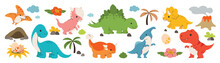 Cute Dinosaurs Vector Set. Hand Drawn Doodle Triceratops, Stegosaurus, Tyrannosaurus, Diplodocus, Pterosaur. Dinosaur Comic Character Design For Kids, Print, Clothes, Poster, Education, Edutainment.