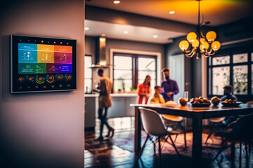 Home automation, smart home gadget, control, closeup, blurred family in home backgorund, generative ai