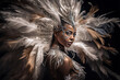 © PaintedDreams - Photograph of a beautiful black Brazilian Carnival samba dancer, dressed in a colorful feather costume of golden and white colors