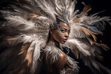 Photograph of a beautiful black Brazilian Carnival samba dancer, dressed in a colorful feather costume of golden and white colors