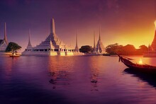 Wat Arun Temple With Long Tail Boat In Bangkok Thailand. Generative AI
