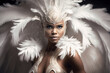 Photograph of a beautiful black Brazilian Carnival samba dancer, dressed in a white feather costume