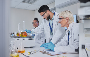 Sticker - Chemistry, science and team with liquid in lab for medical research, study and vaccine development. Biotechnology, pharmaceutical and group of scientists with sample for analysis, test and experiment