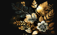 Abstract Background Watercolor Gentle Gold Flower And Gold Splash And Black Background. Gold And Black Watercolor Flower Art.	