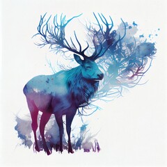 Canvas Print - Side view. Watercolor illustration with a beautiful deer with a big horns. Generative AI