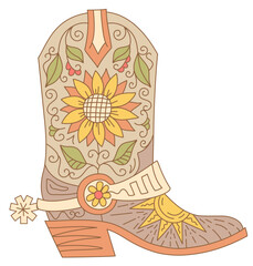 Sticker - Cowboy boot with yellow sunflowers decoration. Vector hand drawn illustration of Cowboy boot with sunflowers decor printable outline style design. Cowgirl boots with floral decor