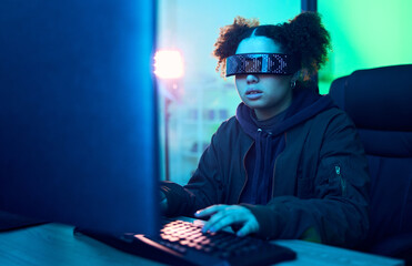 Sticker - Computer hacker, cyberpunk and neon girl hacking software, online server or programming password phishing. Blue ransomware developer, cyber security glasses and night programmer coding malware code