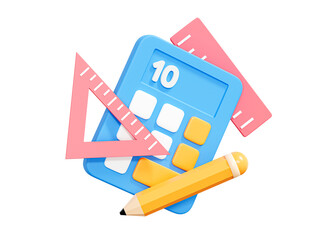 3D Calculator with ruler, pencil and triangular. Stationery for education and office. Supply for mathematics and geometry. Cartoon creative design icon isolated on white background. 3D Rendering