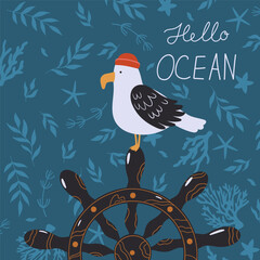 Nautical card with a cute seagull in a red cap sitting on the helm. Vector graphics.