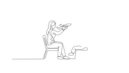 Wall Mural - Animated self drawing of continuous line draw mother and her daughter sitting on chair and playing airplane toy together at home. Happy family parenthood concept. Full length single line animation.