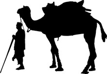 Vector Silhouette Rajasthan Man With Camel In Desert, Black And White Illustration Of Illustration Of A Man Walking With A Camel In A Desert, Arab Man With A Camel In Desert