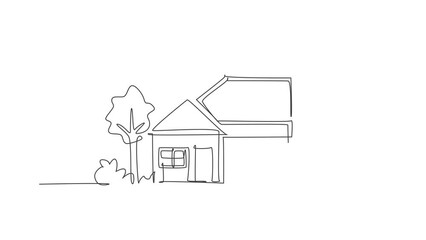 Sticker - Animated self drawing of single continuous line draw green eco modest house at village. Home building construction isolated minimalism concept. Full length one line animation on white background.