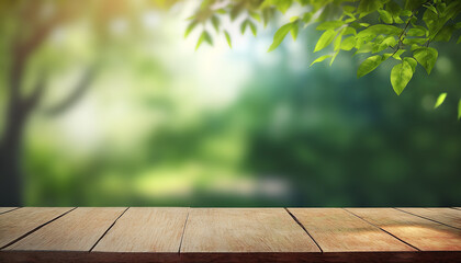 Wall Mural - wooden table with blur green nature background for display product