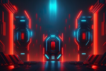 Wall Mural - Red and blue neon lights form a sci-fi-inspired abstract backdrop. Generative AI