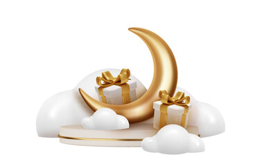 Sticker - Composition with a crescent moon and gift boxes for the decoration of the Islamic holy month on a podium in the clouds. PNG Decorative 3d elements for Muslim holidays