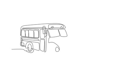 Wall Mural - Animated self drawing of continuous line draw old classic school bus transportation for American students. Back to school hand drawn minimalism concept. Full length single line animation for education