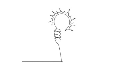 Wall Mural - Animation of one single line drawing of human hand hold light bulb logo identity. Power up energy logotype icon template concept. Continuous line self draw animated illustration. Full length motion.