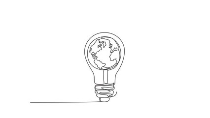 Sticker - Animated self drawing of one continuous line draw sphere world globe inside bright shining lightbulb icon logo emblem. Creative symbol logotype template concept. Full length single line animation.