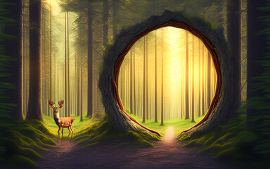 Wall Mural - View to the door on morning misty forest. Generative Al Illustration.