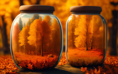 Wall Mural - Two glasses with an autumn landscape. Generative Al Illustration.