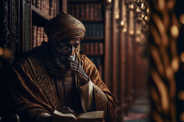 Wall Mural - muslim cleric, or scholar, muslim intellectual is reading a book in the library, generative ai