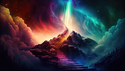 Wall Mural - way path to heaven under starry sky with norther light , Generative Ai