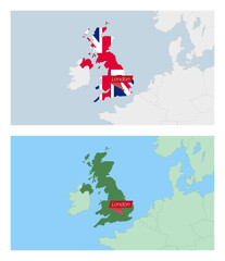 Wall Mural - United Kingdom map with pin of country capital. Two types of United Kingdom map with neighboring countries.