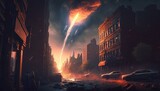 Fototapeta Paryż - Title	
illustration of meteor shower fall into earth's atmosphere make fire trail in sky and crash on urban city building , nature calamity disaster, generative ai
