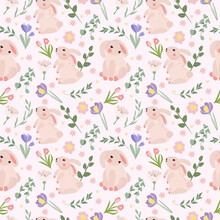 Seamless Pattern With Cute Bunnies, Spring Flowers, Leaves And Hearts All Around. Spring Flowering. Ideal For Wallpaper, Wrapping Paper, Textiles, Banners. Vector Graphics.