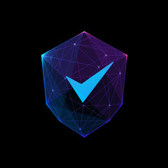 Check mark sign on shield futuristic vector illustration. Low poly wireframe art. Digital polygonal protection sign on blue background. Vivid technology security concept 