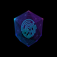 Poster -  Abstract polygonal Shield with finger print. Insurance and assurance concept. Futuristic polygonal illustration isolated on blue background. Digital neon technology sign. 