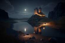 Night Landscape With Castle By The Lake And Moon Made With Generative Ai