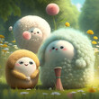 Funny fluffy little characters in a summer meadow.