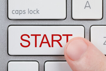 Poster - Woman pressing button with word Start on computer keyboard, closeup