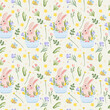Seamless pattern with cute bunnies, spring flowers, leaves and hearts all around. Spring flowering. Ideal for wallpaper, wrapping paper, textiles, banners. Vector graphics.