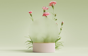 3D podium display. Green background with pink flowers and grass. Nature pedestal for beauty, cosmetic product presentation. Summer and spring mockup.  3d render template with circle glass frame