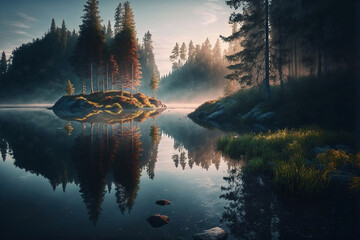 Wall Mural - beautiful lake, with views of trees and mountainsc, generative ai