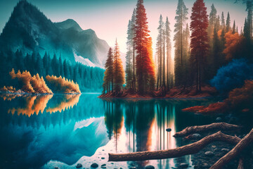 Wall Mural - beautiful lake, with views of trees and mountainsc, generative ai