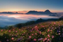 Sunrise On Doi Luang Chiang Dao Mountain With Fog And Blooming Flowers Garden At Chiang Rai, Thailand. Generative AI