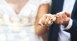 Hands, groom and bride with wedding rings in pinky promise for commitment, swear or vow on mockup. Hand of married couple in love, partnership or trust for marriage bond, loyalty or agreement