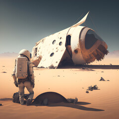 astronaut in the desert with the damaged ship